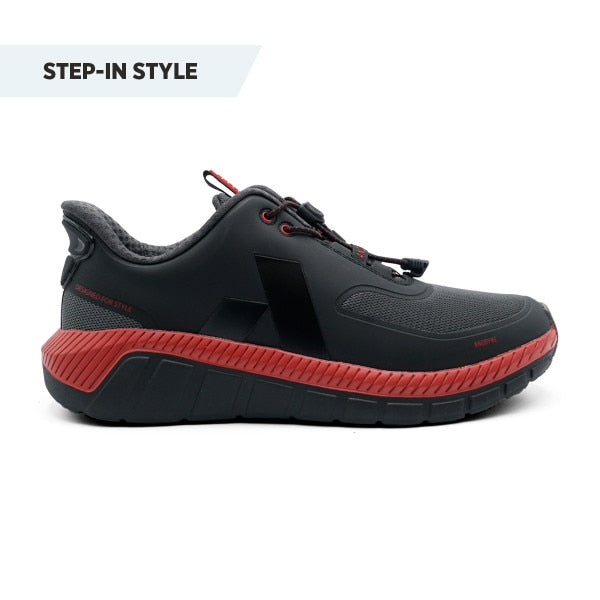 Side view of the Anodyne No. 22 Trail Walker in black and red, featuring a durable outsole, breathable mesh upper, and extra-depth design for therapeutic comfort.