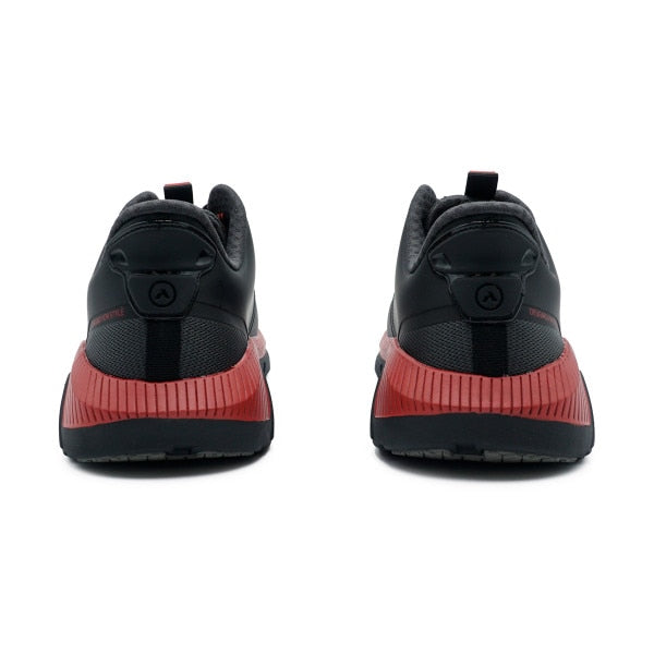 Top view of the Anodyne No. 22 Trail Walker in black and red, highlighting the wide toe box, mesh upper, and padded collar designed for orthopedic foot support.