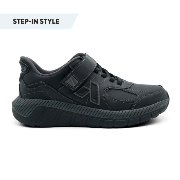 Side view of the Anodyne No. 38 Casual Comfort shoe in black, featuring a soft leather upper, seamless design, and slip-resistant sole for orthopedic support.