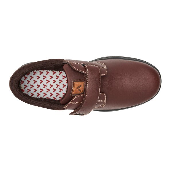 Top-down view of the Anodyne No. 64 diabetic shoe in whiskey brown, highlighting the wide toe box, adjustable strap, and cushioned insole with red arrow pattern.