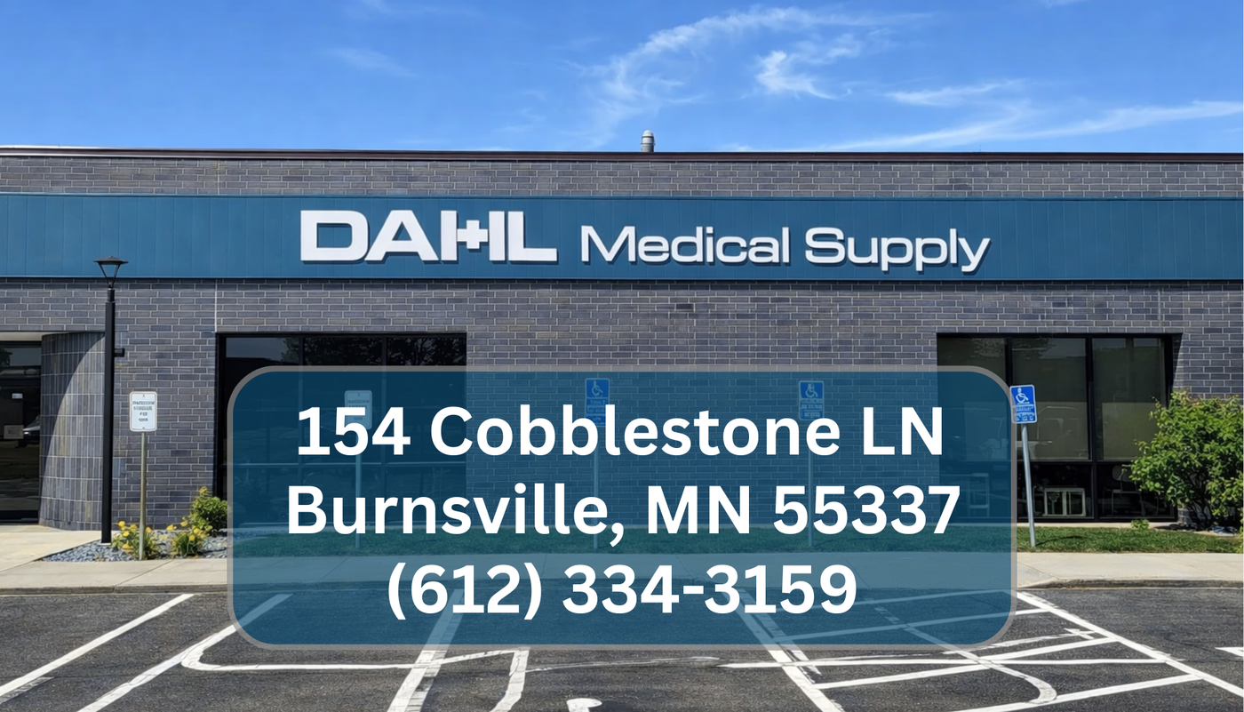 Exterior view of the Dahl Medical Supply building in Burnsville, Minnesota, showing the storefront sign, accessible parking spaces, and the address and phone number displayed on the image.