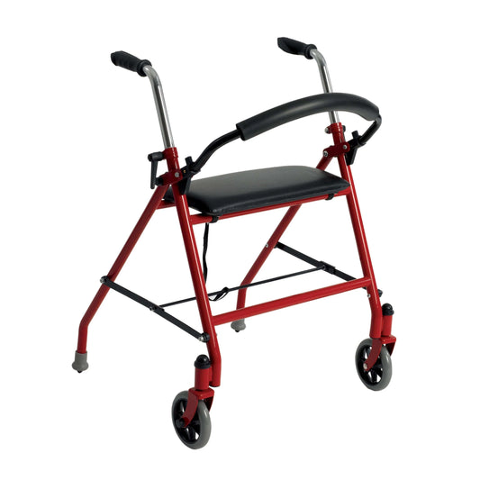 Red Drive Medical Competitive Edge Rollator (model 1239RD) with two front wheels, padded seat, curved backrest, and adjustable handles for mobility support.