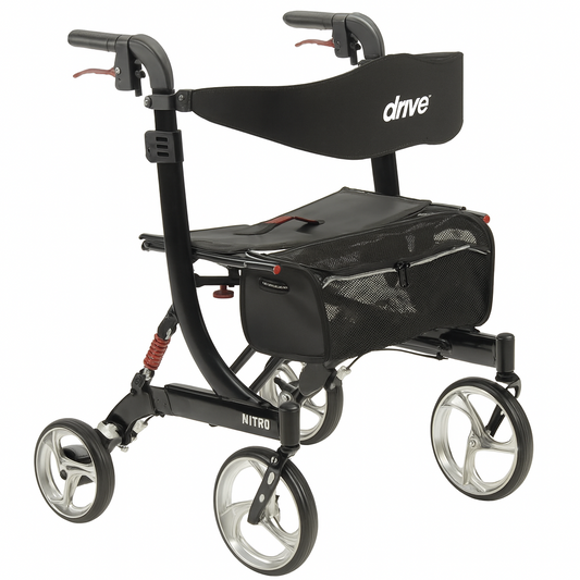 Black Drive Nitro Rollator with four large wheels, ergonomic handles, padded seat, backrest, storage bag, and shock-absorbing suspension for smooth mobility.