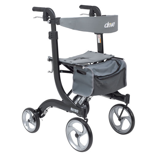Drive Medical Nitro Aluminum Rollator in tall height model (RTL10266BK-T), featuring lightweight black frame, 10-inch front wheels, padded seat, and storage bag.