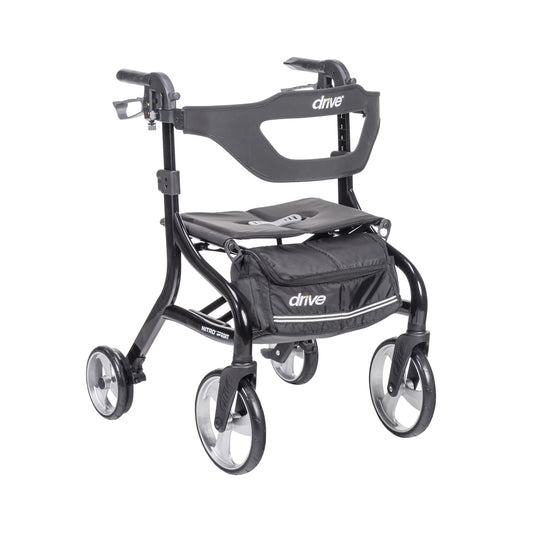 Black Drive Nitro Sprint Rollator with padded seat, ergonomic backrest, large wheels, and front storage bag for lightweight mobility support.