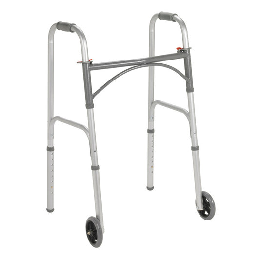 Lightweight aluminum folding walker with two-button release and 5-inch wheels, designed for stability, portability, and everyday mobility support.