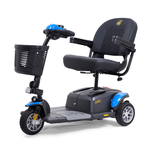 Golden Buzzaround EX 3-wheel mobility scooter with blue accents, padded seat, armrests, front basket, and compact three-wheel design