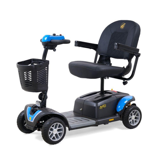 Golden Buzzaround EX 4-wheel mobility scooter with blue accent panels, padded seat, front basket, and four wheels on a white background