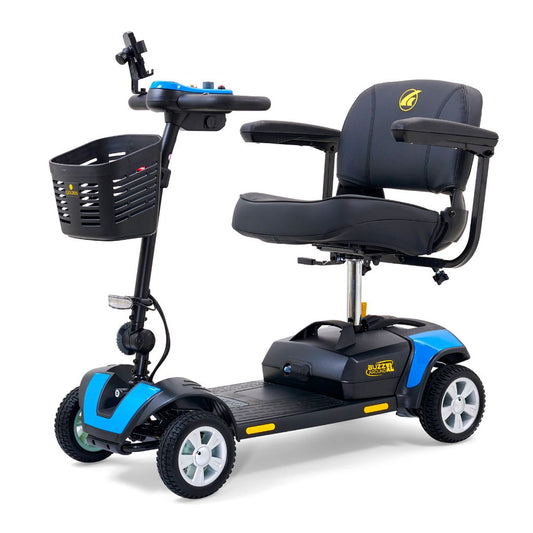 Golden Buzzaround XL 4-wheel mobility scooter featuring a padded seat, armrests, front basket, and blue accent panels.