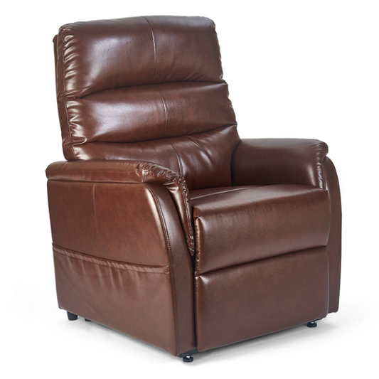 Golden Technologies PR118 lift chair shown in Chestnut upholstery, featuring a plush three-section backrest, full-chaise footrest, and supportive armrests for comfortable everyday use.