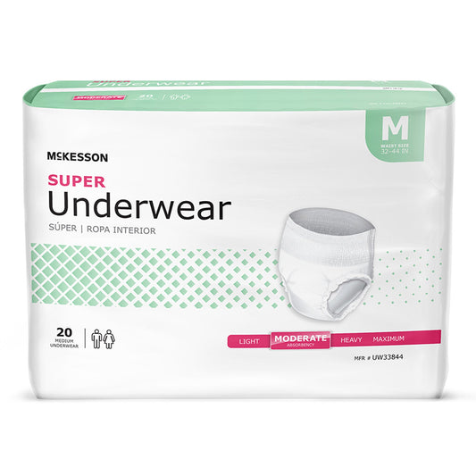 Package of McKesson Super Underwear in size medium with moderate absorbency, waist size 32–44 inches