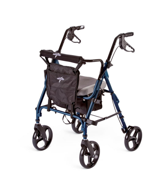 Rear view of the Medline Deluxe Comfort Rollator (MDS86826SC) in blue, featuring large wheels, ergonomic handles, padded seat, and storage pouch.