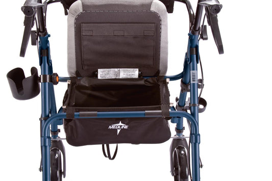 Close-up view of the Medline Deluxe Comfort Rollator showing padded backrest, storage pouch, and cup holder for added convenience.