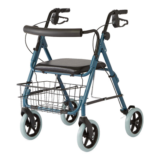 Blue Medline Deluxe Rollator with 8-inch wheels, padded seat, wire basket, and ergonomic hand brakes, designed for stability and comfort.