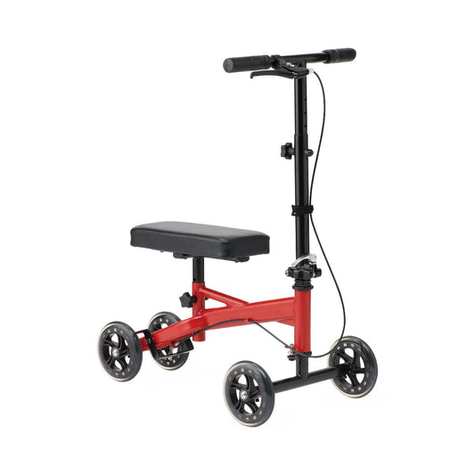 Red Medline Economy Junior Standard Knee Walker with black padded knee rest, four wheels, and adjustable handlebar for mobility support during leg injury recovery.