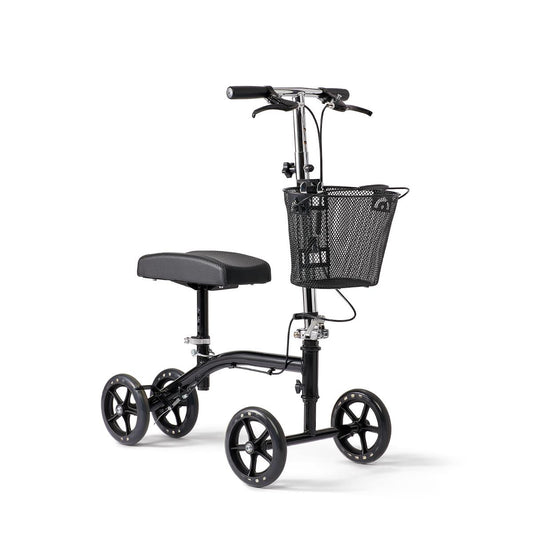 Medline Generation 4 knee walker in black featuring four wheels, a padded knee rest, dual handbrakes, and a removable front basket for personal items.