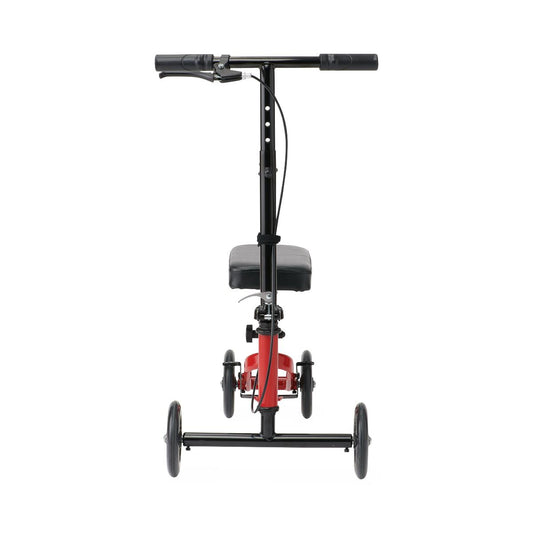 Front view of the Medline Economy Junior Standard Knee Walker in red with black handlebars, four wheels, and padded knee rest for mobility support.
