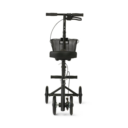 Front view of a black Medline seated knee walker with padded seat, four wheels, adjustable handlebars, and front wire basket for carrying items.