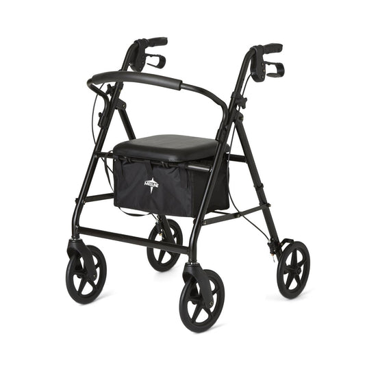 Durable Medline steel rollator in black with padded seat, under-seat storage bag, hand brakes, and 6-inch wheels for stability and mobility support