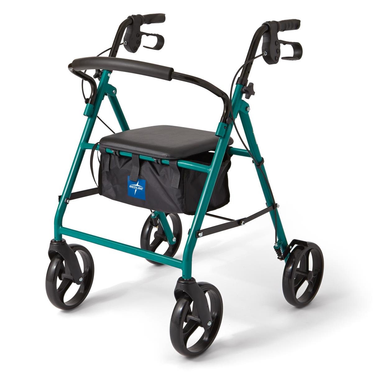 Medline steel rollator in green with padded seat, storage bag, loop hand brakes, and 6-inch wheels for safe, stable support indoors and outdoors.