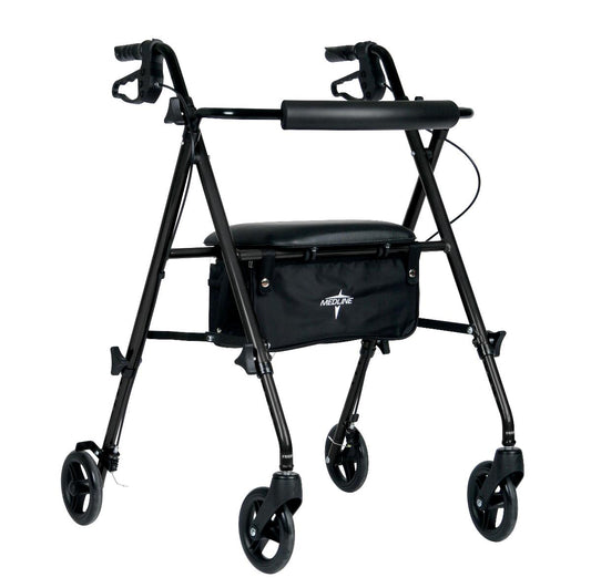 Medline Superlight Rollator in black with seat, backrest, storage bag, and four wheels for lightweight mobility support