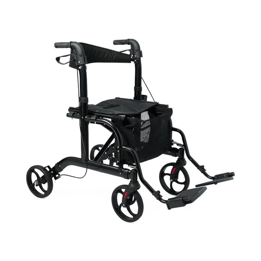 Angled view of the Medline Translator Combination Rollator and Transport Chair in black, showing padded seat, backrest, mesh storage bag, and 8-inch wheels with footrests.
