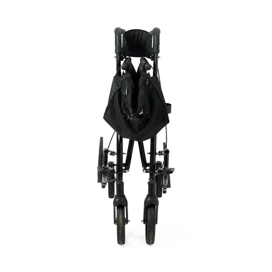 Folded view of the Medline Translator Combination Rollator and Transport Chair, showing its compact design with mesh storage bag and lightweight frame for easy transport.