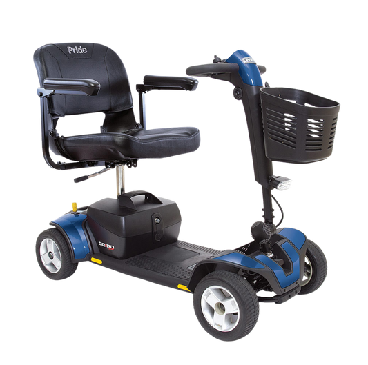 A profile view of a blue Pride Go Go Sport 4-wheel mobility scooter against a black background. The scooter features a black padded seat with armrests, a front-mounted storage basket, a delta tiller, and an LED headlight.