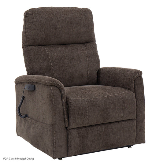 A front-facing view of the Latte-colored model, showcasing the neutral brown tones and the comfortable, fully padded chaise seat.