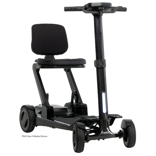 Lightweight Pride Go-Go Carbon folding travel mobility scooter with carbon fiber frame and four wheels.