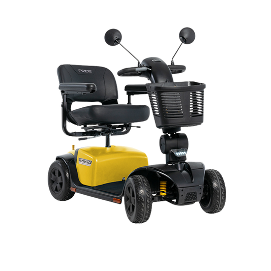Pride Victory Platinum 4-wheel mobility scooter in Chell-o yellow with captain’s seat, mirrors, front basket, and long-range everyday performance.