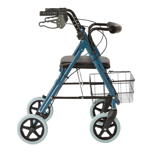Side profile of the Medline Deluxe Rollator in blue with 8-inch wheels, padded seat, ergonomic hand brakes, and wire storage basket for daily mobility.