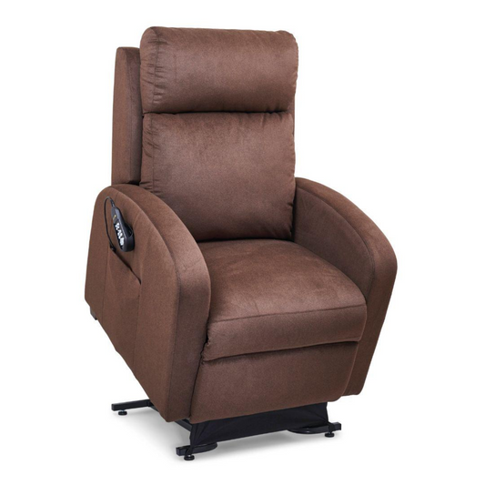 Used Golden Technologies PR763 Infinite Position Lift Chair in rich brown fabric available at Dahl Medical Supply in Burnsville, Minnesota. This power recliner offers smooth dual-motor lift, zero-gravity positioning, and plush support for all-day comfort and easy mobility.