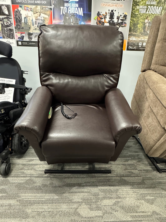 Used Pride LC-105 3-Position Lift Chair in dark brown vinyl shown in lift position at Dahl Medical
