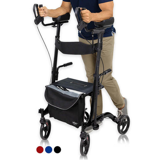 Man using a Vive Upright Rollator Walker in black with padded armrests, built-in seat, storage bag, and 8-inch wheels – available at Dahl Medical Supply for $225