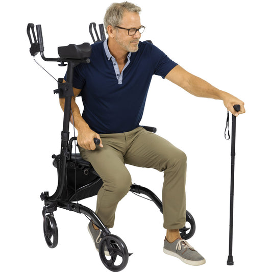 Older man sitting comfortably on a Vive Upright Rollator Walker with padded seat, storage bag, and ergonomic armrests, using a cane for support – available at Dahl Medical Supply for $225.