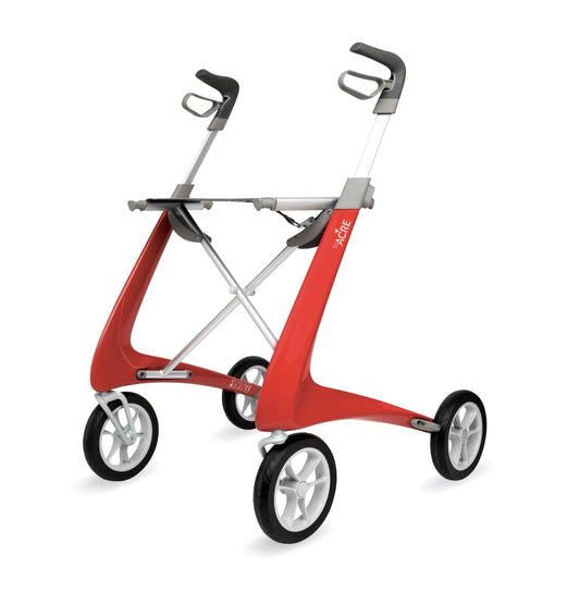 byACRE Ultralight Carbon Fiber Rollator in red with lightweight carbon frame and ergonomic handles, available at Dahl Medical Supply.