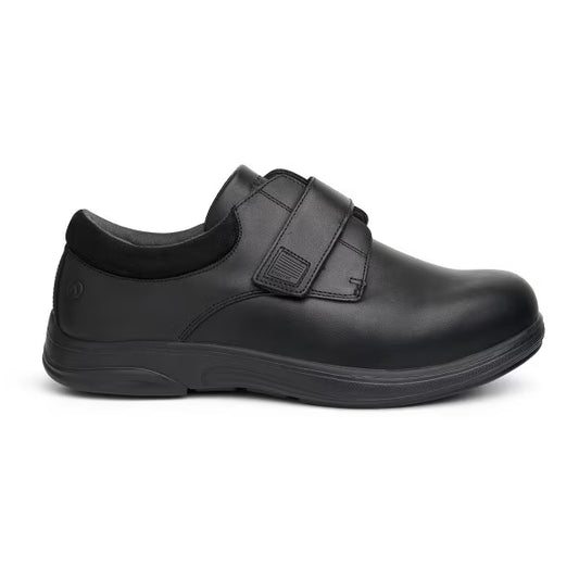 Front and side view of the Anodyne No. 88 Black Stretch Shoe, designed with a seamless, flexible upper and double depth construction for diabetic foot care.