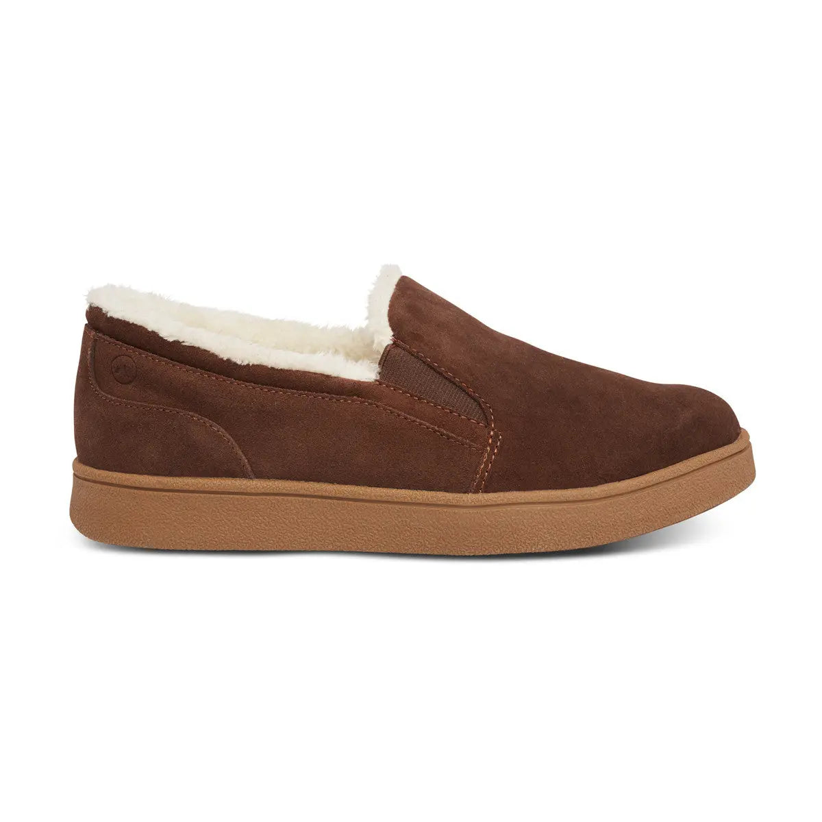 Side view of the Anodyne No. 18 slipper in espresso brown with soft white lining and tan rubber sole, designed for cozy support and diabetic-friendly comfort.