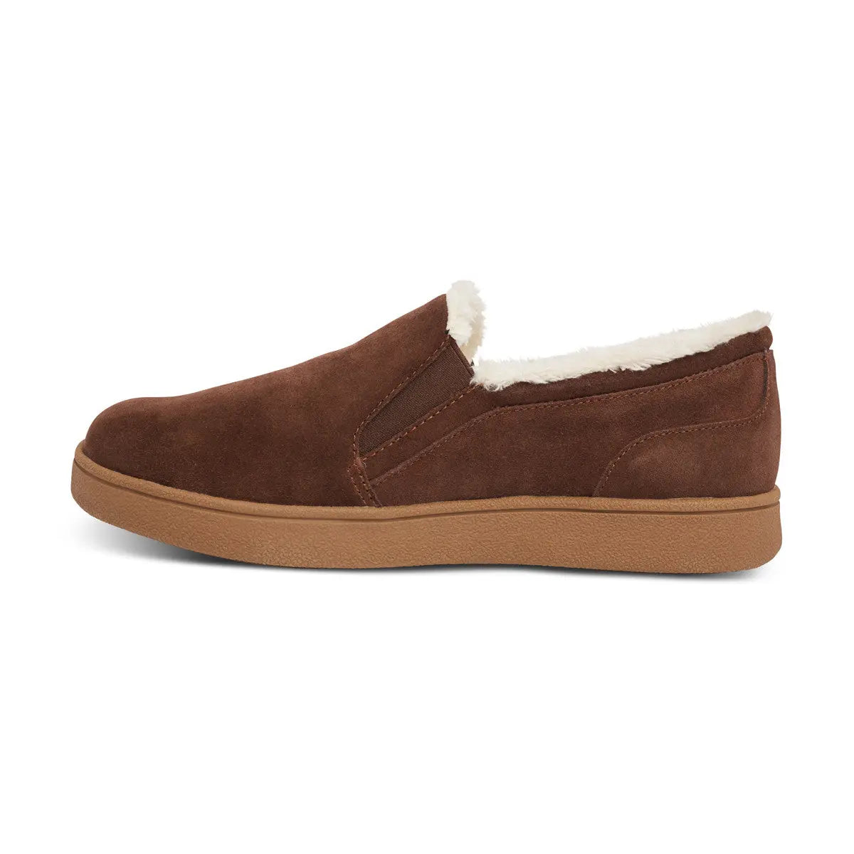 Side profile of the Anodyne No. 18 slipper in espresso brown with soft white lining and a tan rubber sole, designed for cozy, supportive indoor wear.
