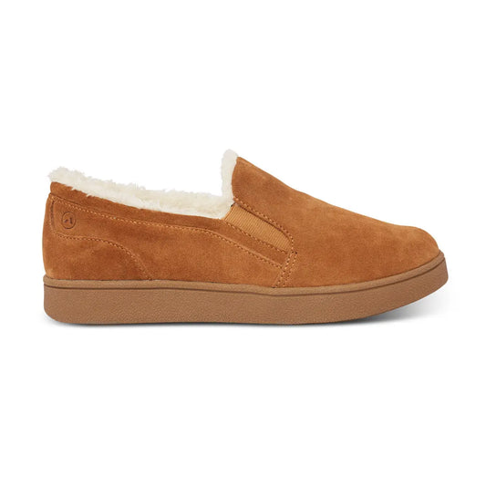 Side view of the Anodyne No. 18 diabetic slipper in camel, showcasing its soft suede exterior, plush white interior lining, and supportive rubber sole.
