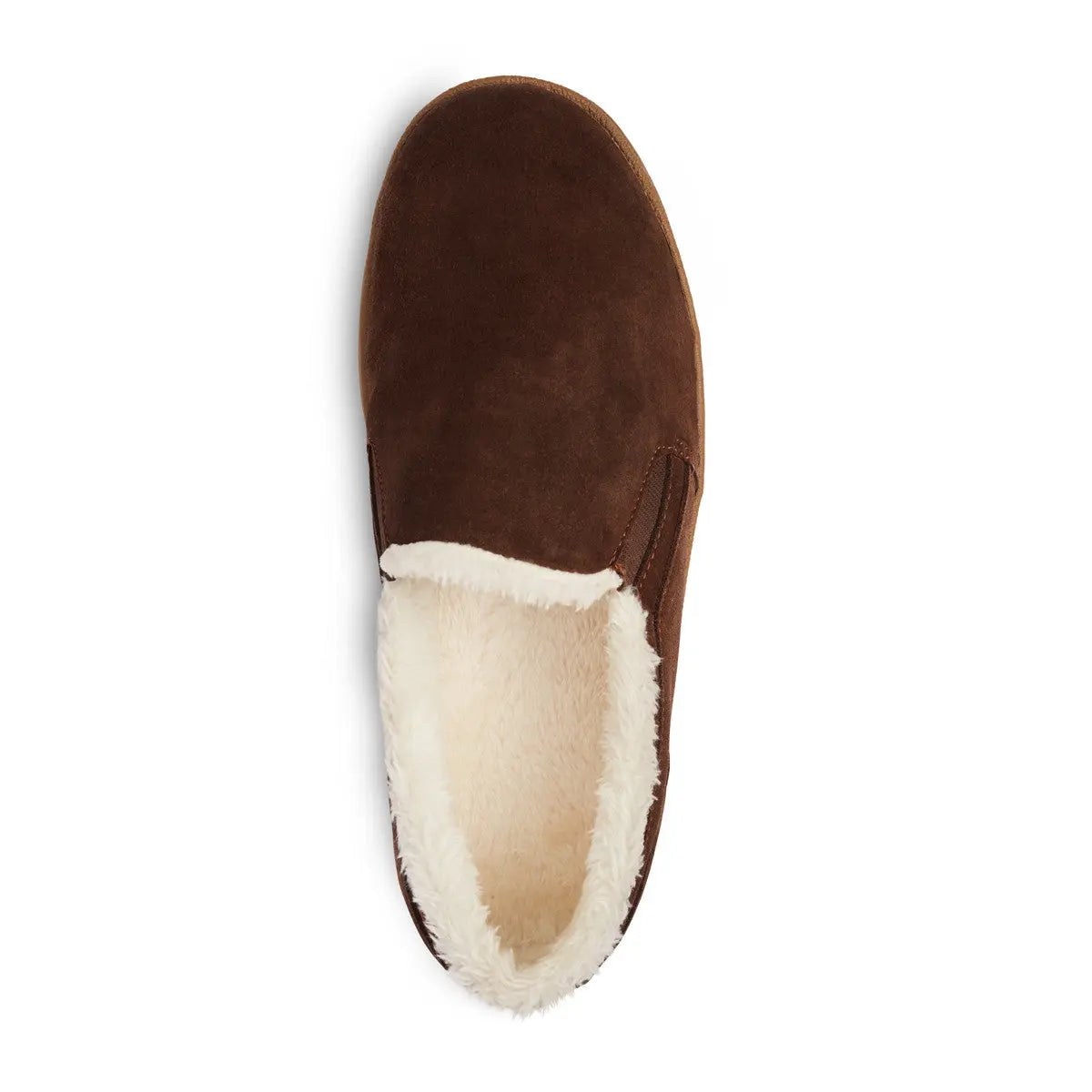 Top-down view of the Anodyne No. 18 diabetic slipper in espresso brown, featuring plush white lining and a wide opening for easy slip-on comfort.