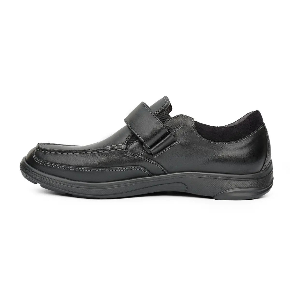 Side profile of the Anodyne No. 52 black casual dress shoe, designed for diabetic foot care, featuring a sleek leather finish and supportive sole – available at Dahl Medical Supply.