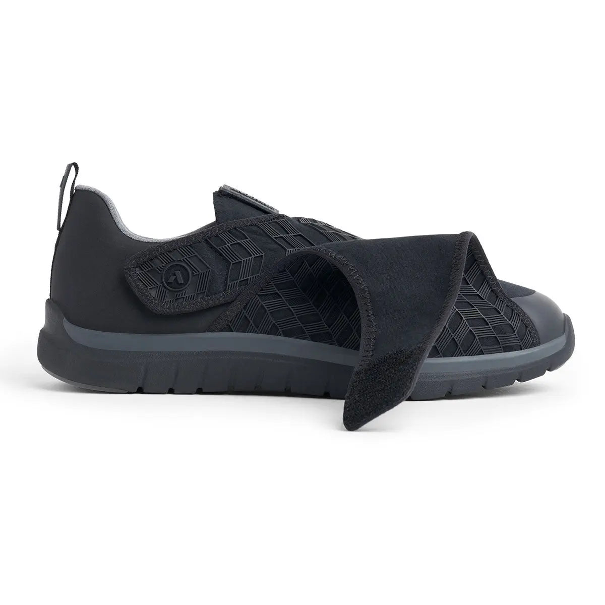 Side view of the Anodyne No. 84 black double depth orthopedic shoe with stretchable upper, designed for diabetic and sensitive feet