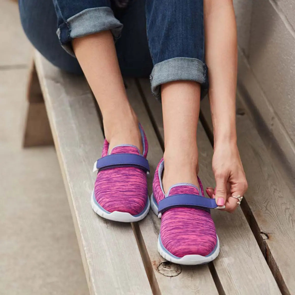 Anodyne Women's No.11 Sport Trainer in Purple/Pink enjoyed on bench