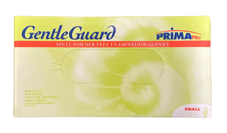 Box of GentleGuard Vinyl Powder-Free Examination Gloves by PrimaPro, featuring 100 disposable, non-sterile, ambidextrous gloves for medical or personal use.