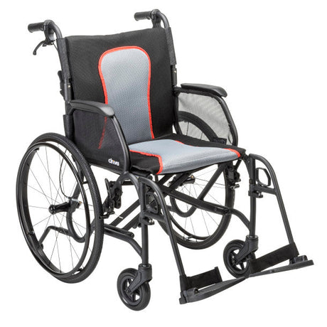 Lightweight Drive Medical wheelchair with black frame, red accents, and breathable gray mesh seat and backrest – available at Dahl Medical Supply.