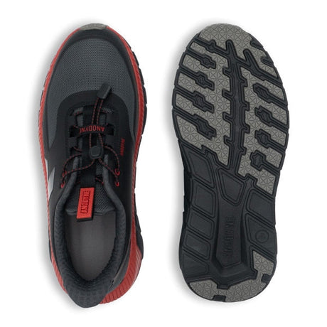 nodyne No. 22 Trail Walker men’s diabetic shoe in black and red, showing top and sole view for comfort and traction – available at Dahl Medical Supply.