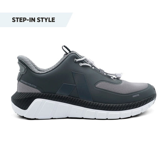 Anodyne No. 22 Trail Walker men’s diabetic athletic shoe in gray and black with step-in design and cushioned sole, available at Dahl Medical Supply.