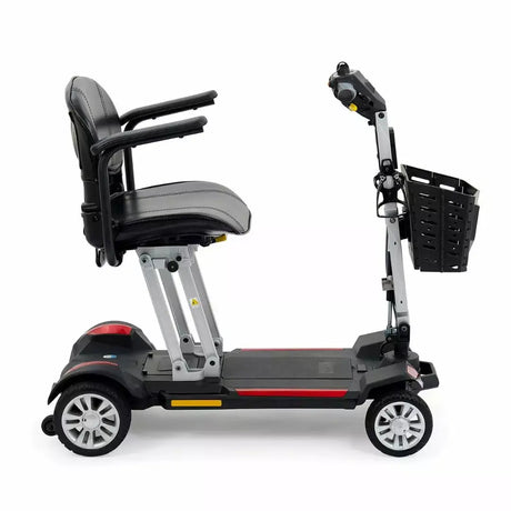 Buzzaround CarryOn portable mobility scooter with folding frame, padded seat, and front basket—lightweight travel scooter available at Dahl Medical Supply in Burnsville, Minnesota, serving the Twin Cities area.